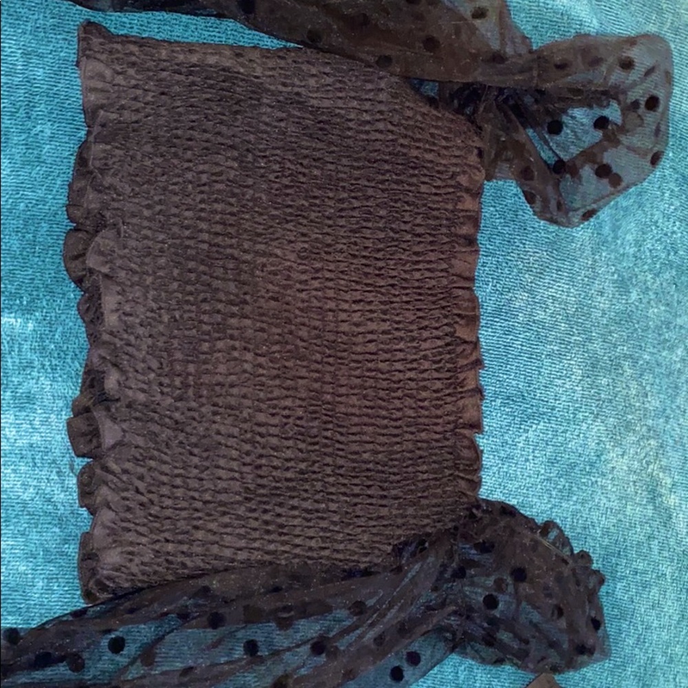 Shein black crop top with black lace sleeves .